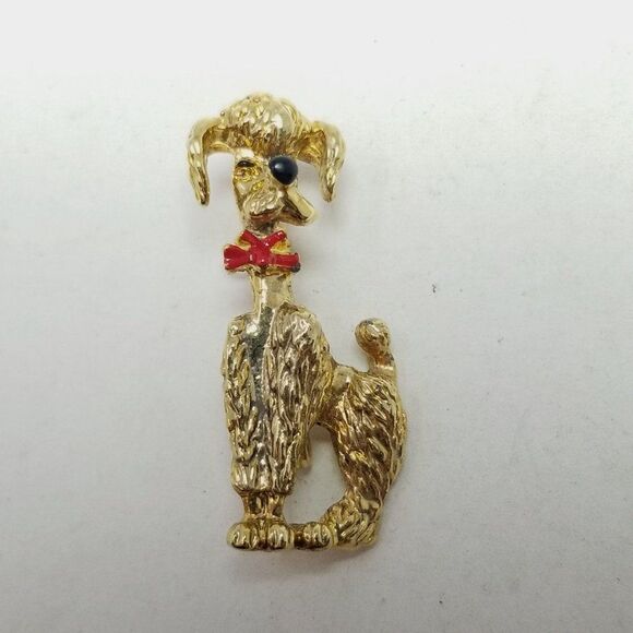 Vintage Poodle Dog In Red Enamel Bowtie Brooch, Gold Tone, Estate Pet Pin - Picture 6 of 6
